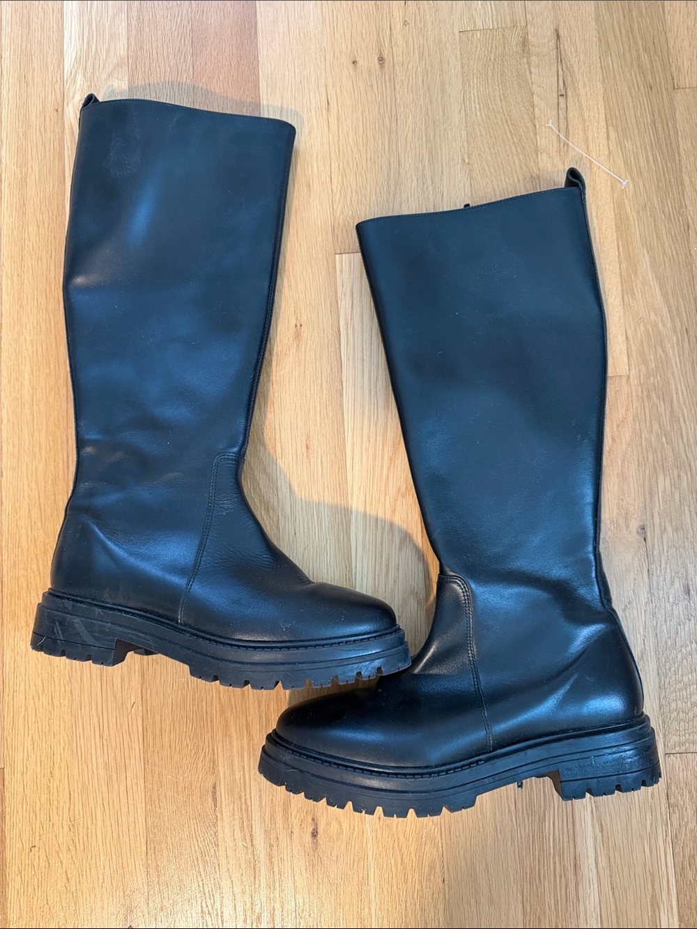 Sezane Black Leather Over-the-Knee Lug Sole Boots